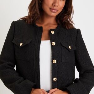 Lulus Charming Chérie Black Tweed Cropped Jacket - Size XL